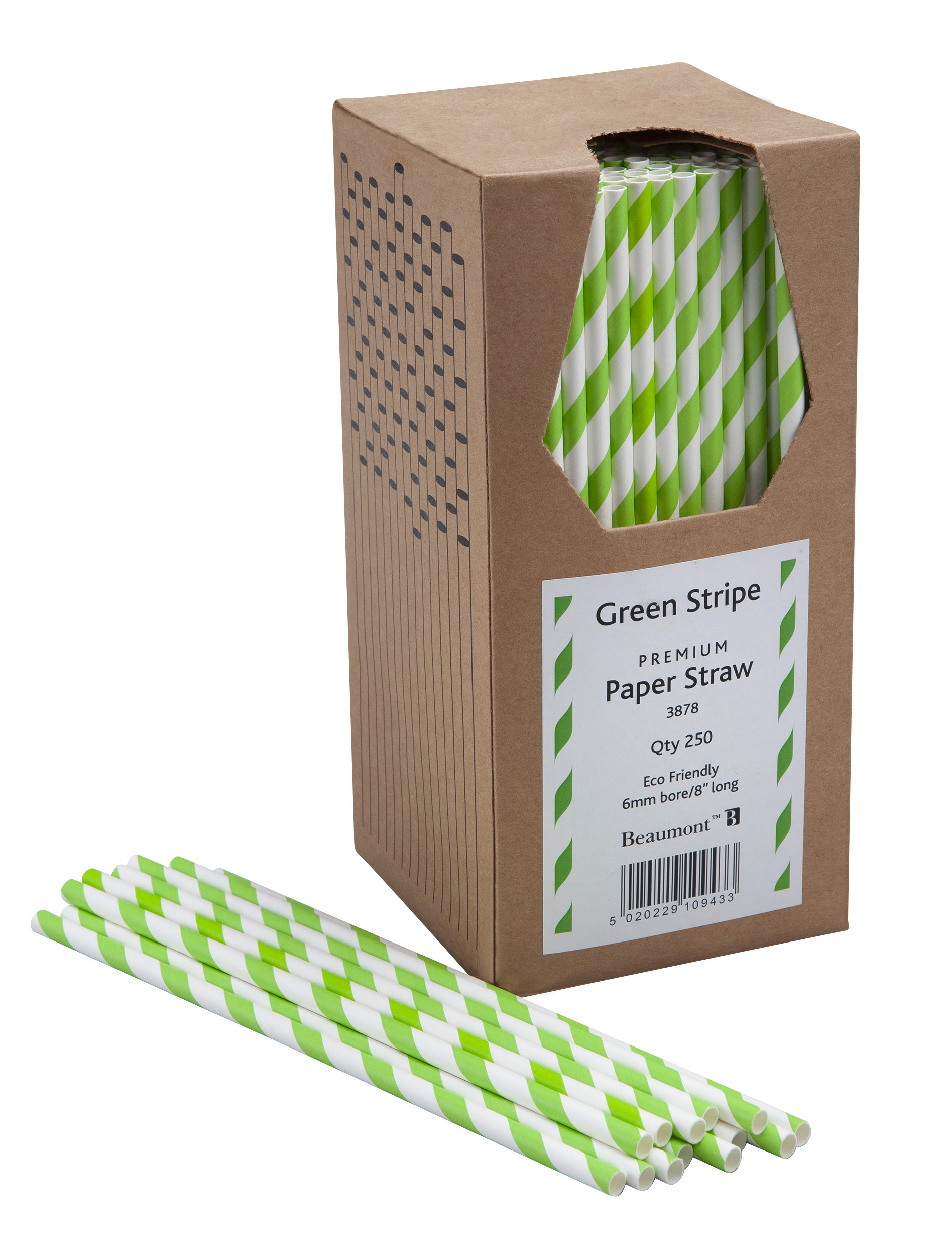 8" 6MM BORE PAPER STRAW GREEN & WHITE PK 250