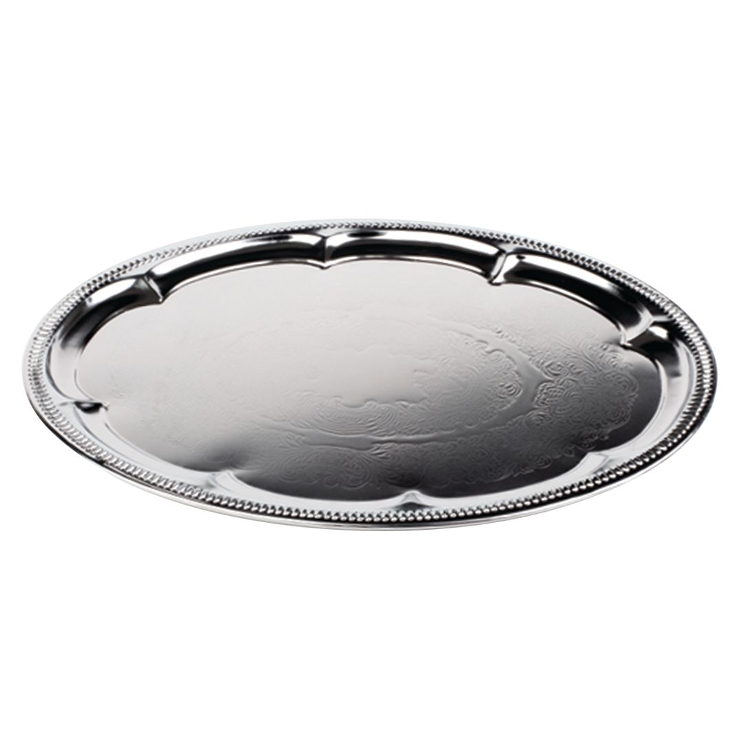 EMBOSSED OVAL TRAY, CHROME PLATED, ROLLED EDGE 46X34CM PK 1