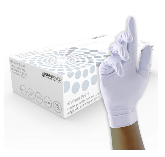 White Pearl PF Nitrile Gloves PK 100 Size Large