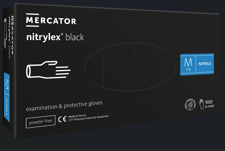 Mercator Nitrile Black PF Gloves PK 100 Medium