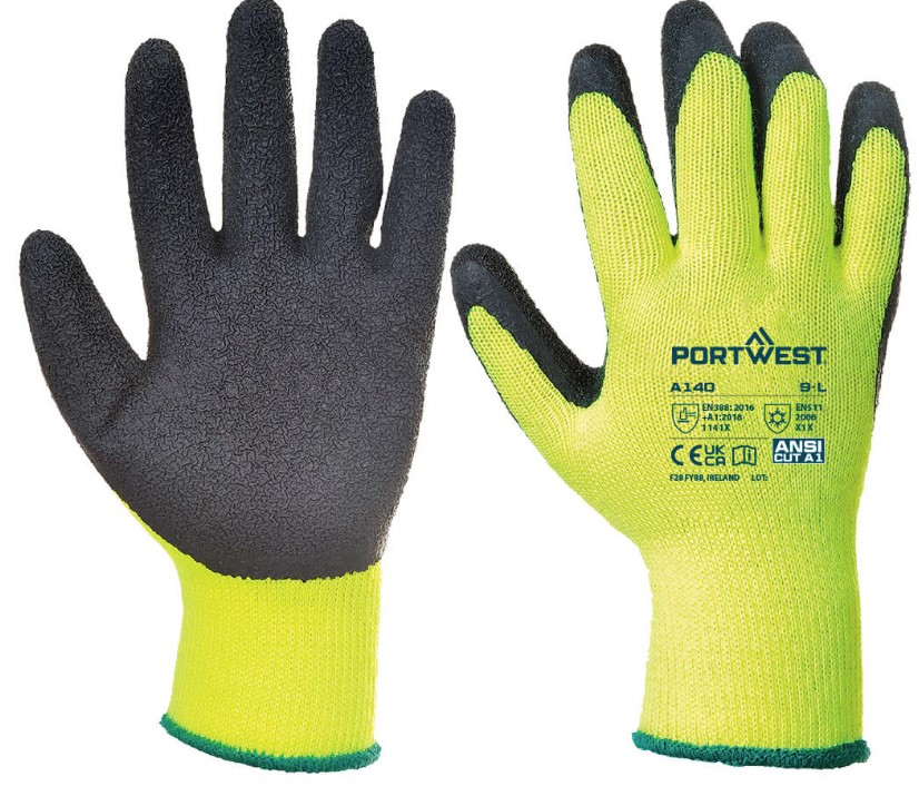 Portwest PW071 Thermal Grip Gloves Blk/Ylw Size Large Per Pair