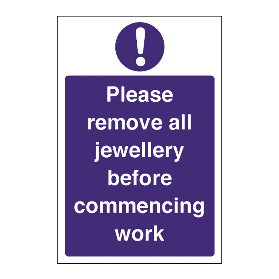 Mileta Kitchen Food Safety Sign Self Adhesive Vinyl 300 x 200mm - Remove Jewellery PK 1