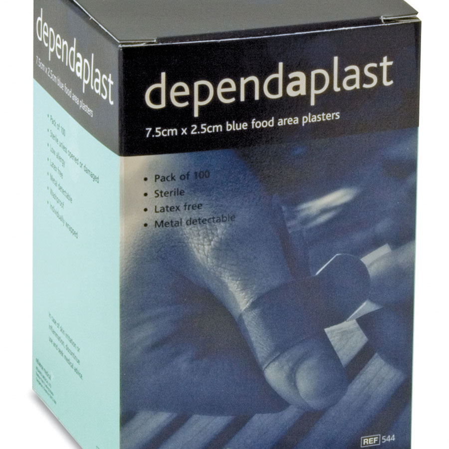 DEPENDAPLAST BLUE FOOD AREA PLASTERS 4CM X 4CM BOX OF 100