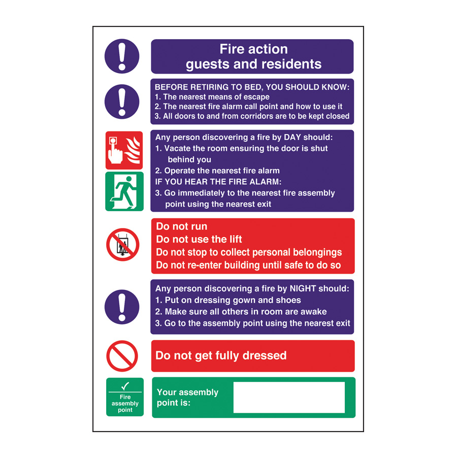 Mileta Safety Sign - Fire Action Guests & Residents 20x30cm PK 1
