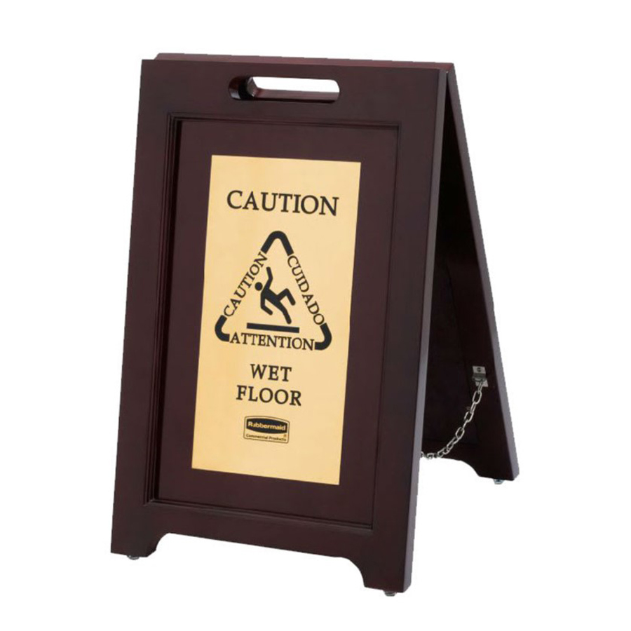 Rubbermaid Multi Lingual Wooden Safety Sign With Gold Brass Plate PK 1