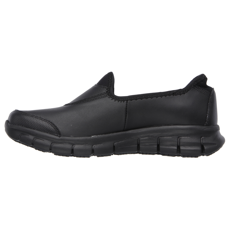 Skechers Sure Track Black Leather Slip Resistant Ladies Slip On Shoe UK-SIZE-5 PK 1
