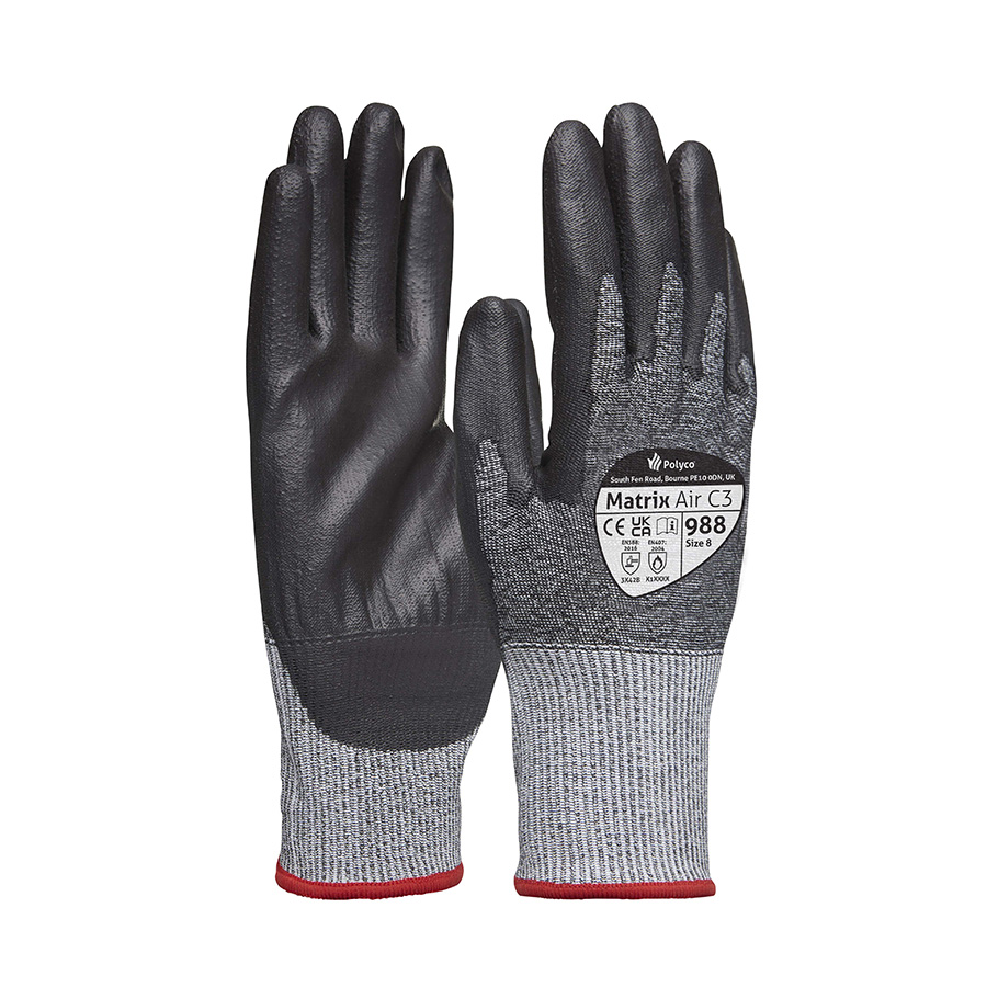 POLYCO MATRIX POLYURETHANE GREY AND BLACK AIR C3 CUT RESISTANT GLOVE 11